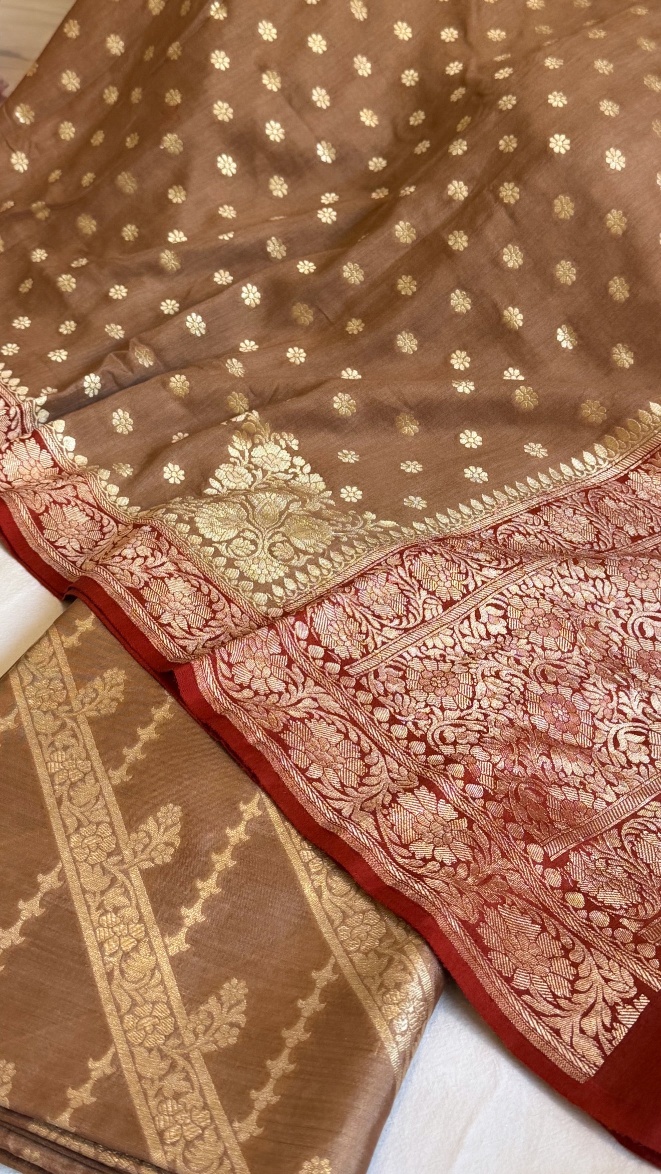 Banarasi rose brown-red chiniya silk kurta paired with moonga silk duppata set